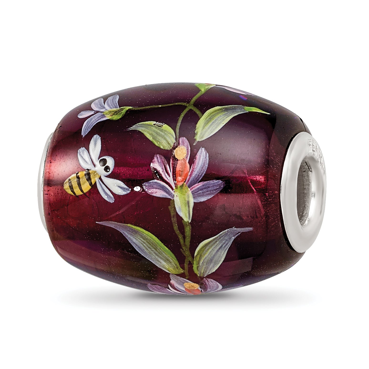 Ster.Silver Reflections Purple Hand Painted Magnolias Fenton Glass Bead Main image