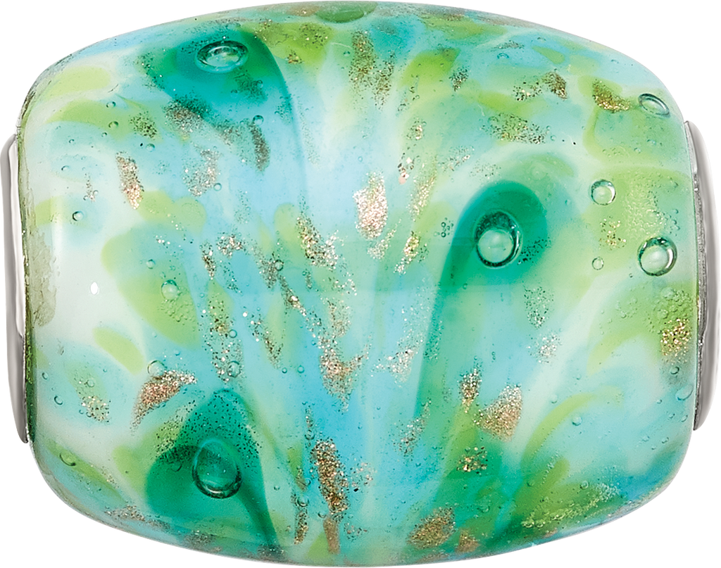 Ster.Silver Reflections Multi-color Green with Glitter Fenton Glass Bead