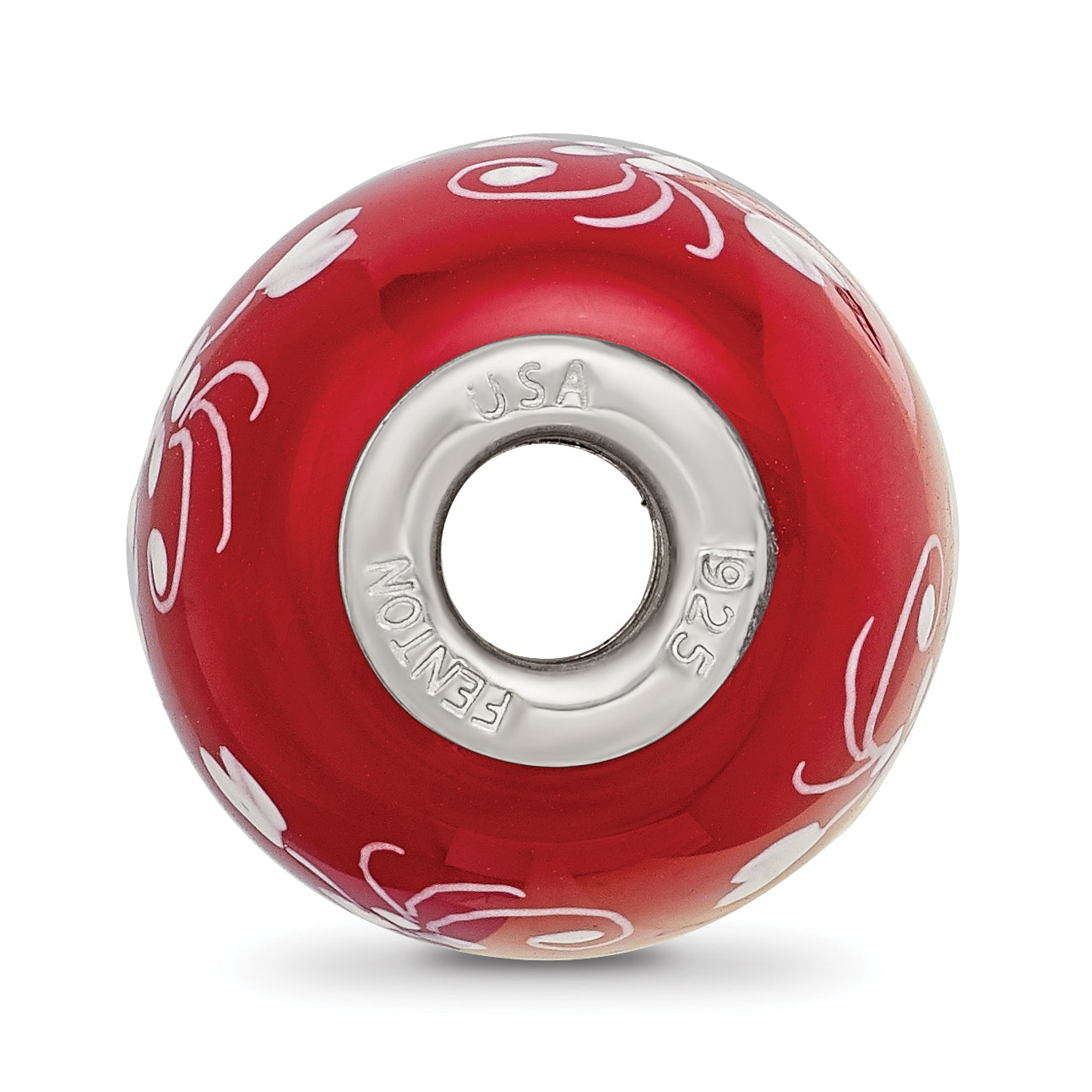 Ster.Silver Reflections Red Hand Painted Floral Hearts Fenton Glass Bead Secondary image