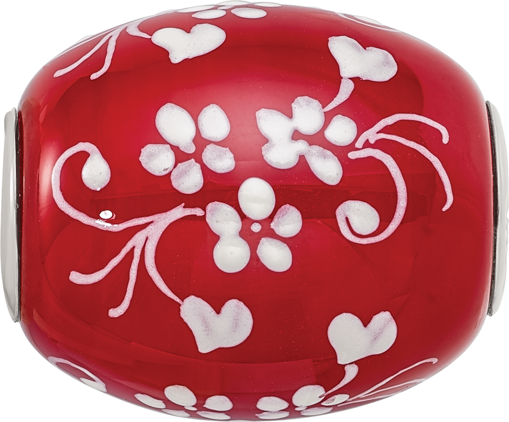 Ster.Silver Reflections Red Hand Painted Floral Hearts Fenton Glass Bead