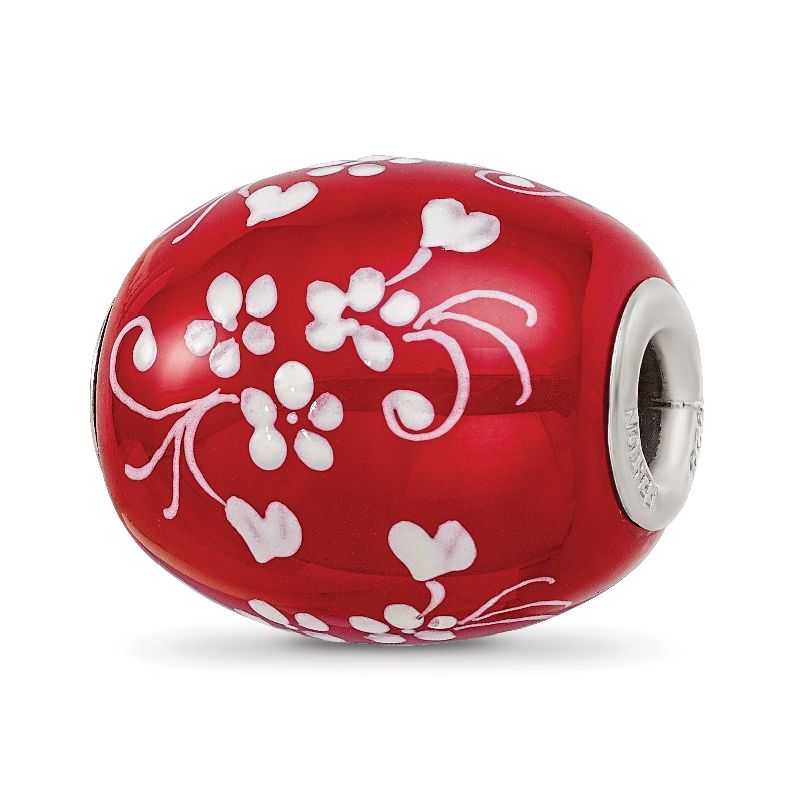 Ster.Silver Reflections Red Hand Painted Floral Hearts Fenton Glass Bead Main image