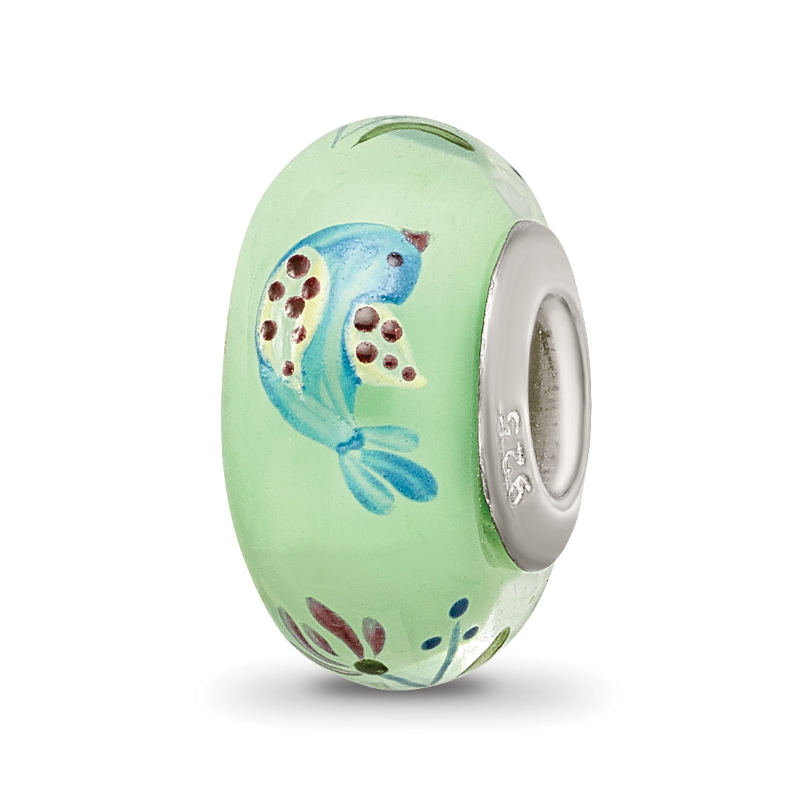 Ster.Silver Reflections Green Hand Painted Calico Bird Fenton Glass Bead Main image