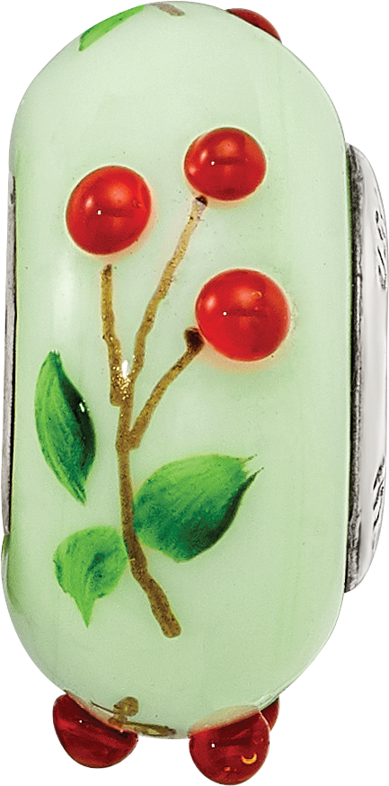 Ster.Silver Reflections Green Hand Painted Cherries Fenton Glass Bead
