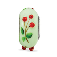 Ster.Silver Reflections Green Hand Painted Cherries Fenton Glass Bead