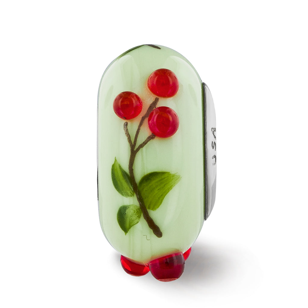 Ster.Silver Reflections Green Hand Painted Cherries Fenton Glass Bead