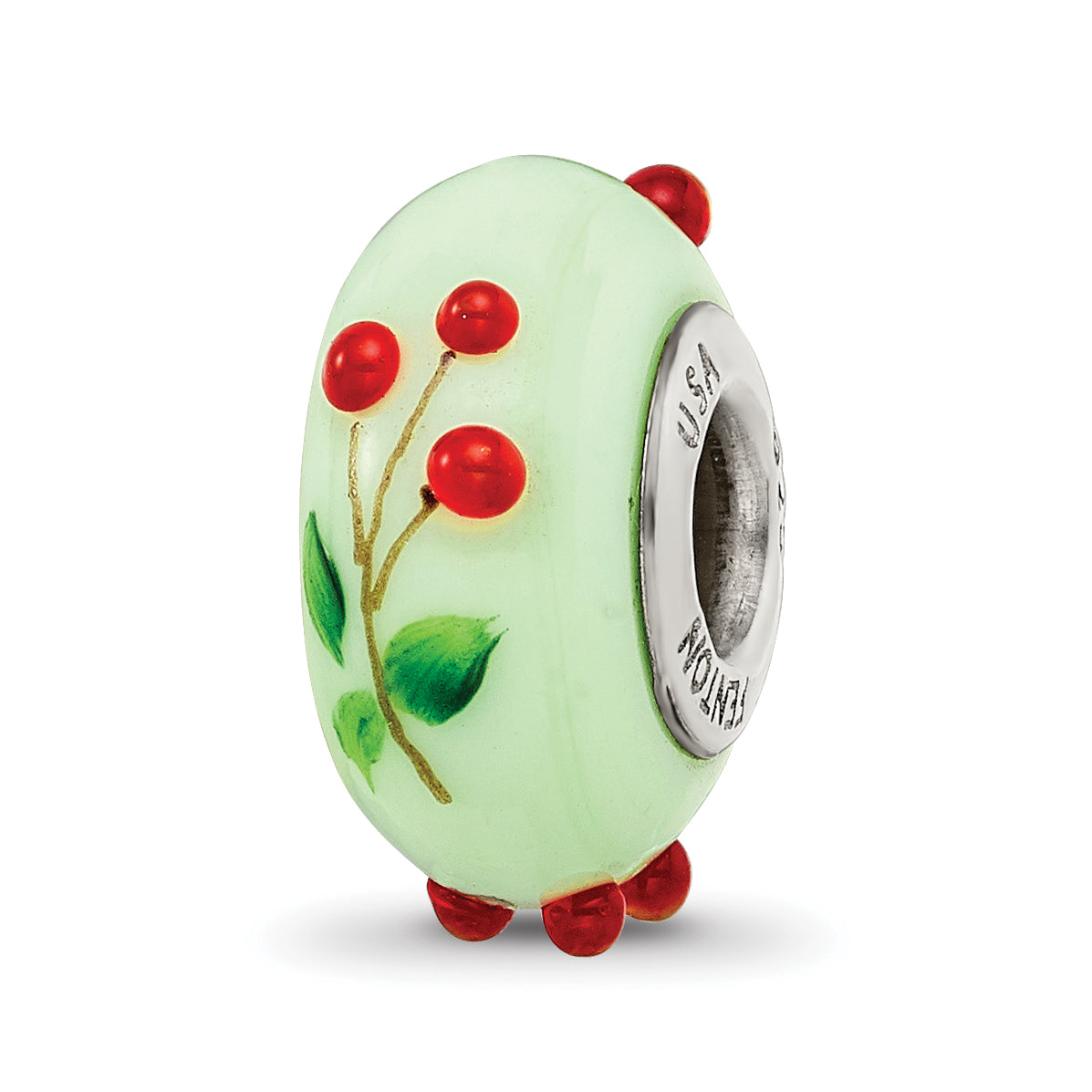 Ster.Silver Reflections Green Hand Painted Cherries Fenton Glass Bead Main image