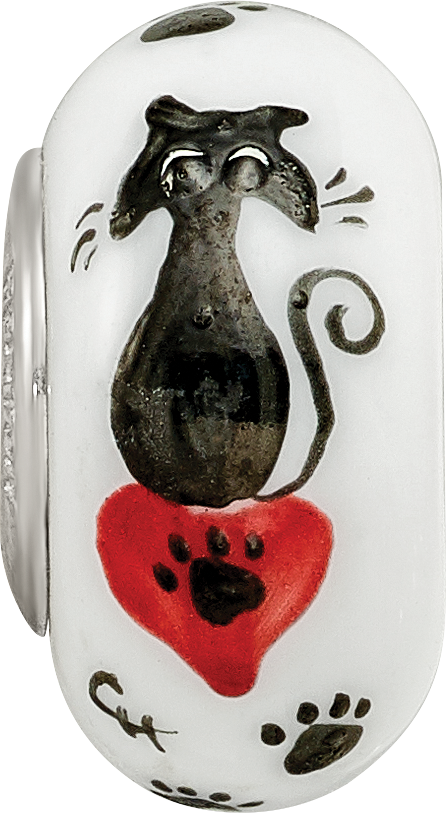 Ster.Silver Reflections White Hand Painted Cat Paws Fenton Glass Bead