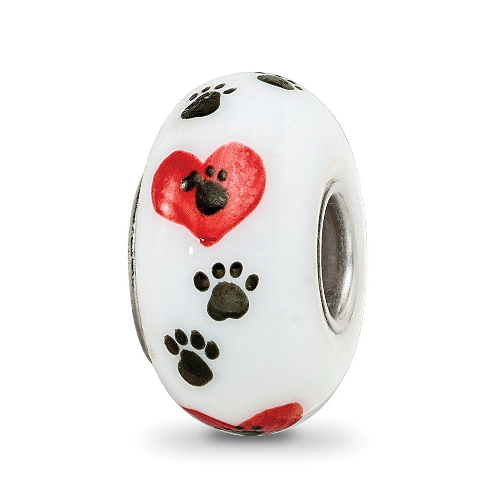 Ster.Silver Reflections White Hand Painted Cat Paws Fenton Glass Bead