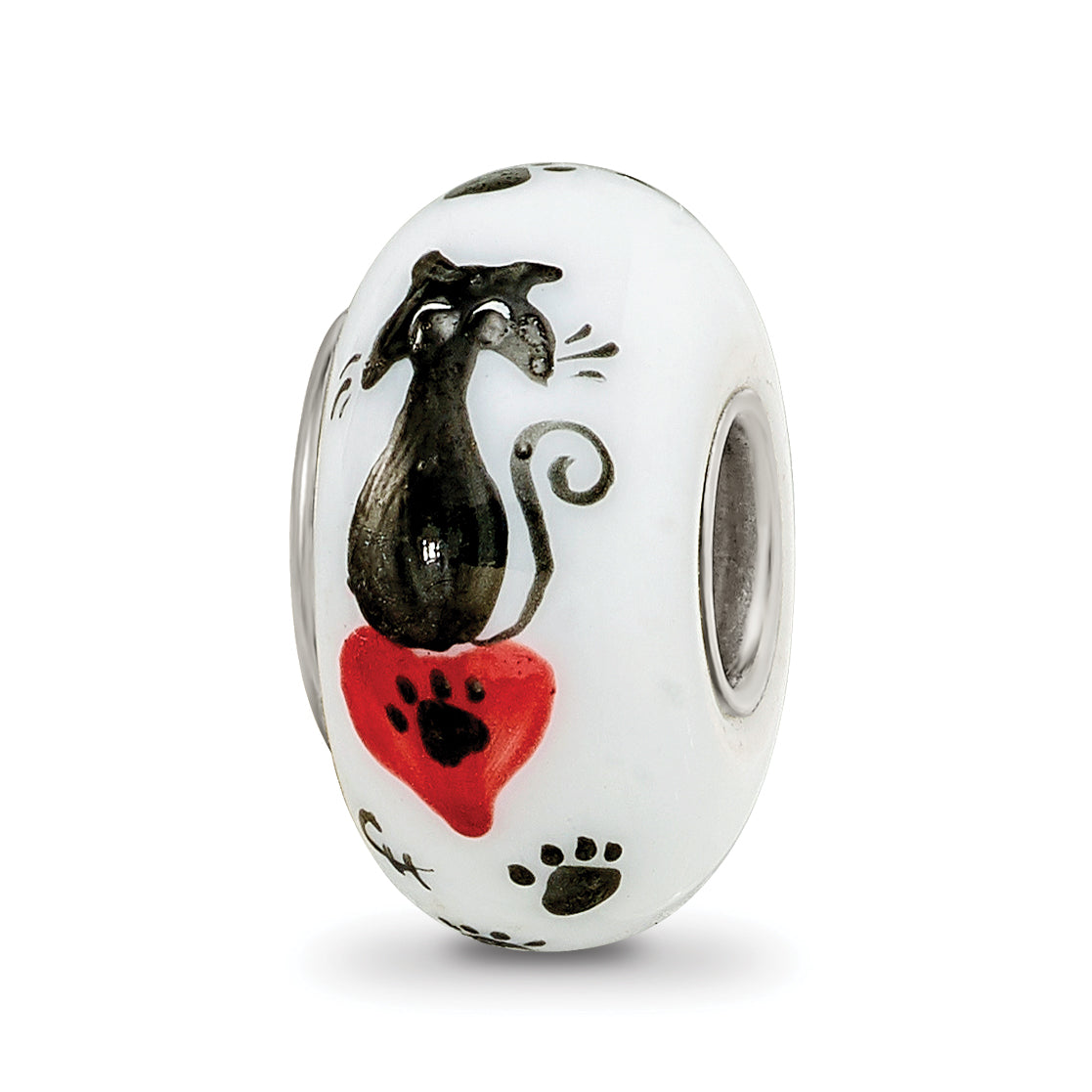 Ster.Silver Reflections White Hand Painted Cat Paws Fenton Glass Bead Main image