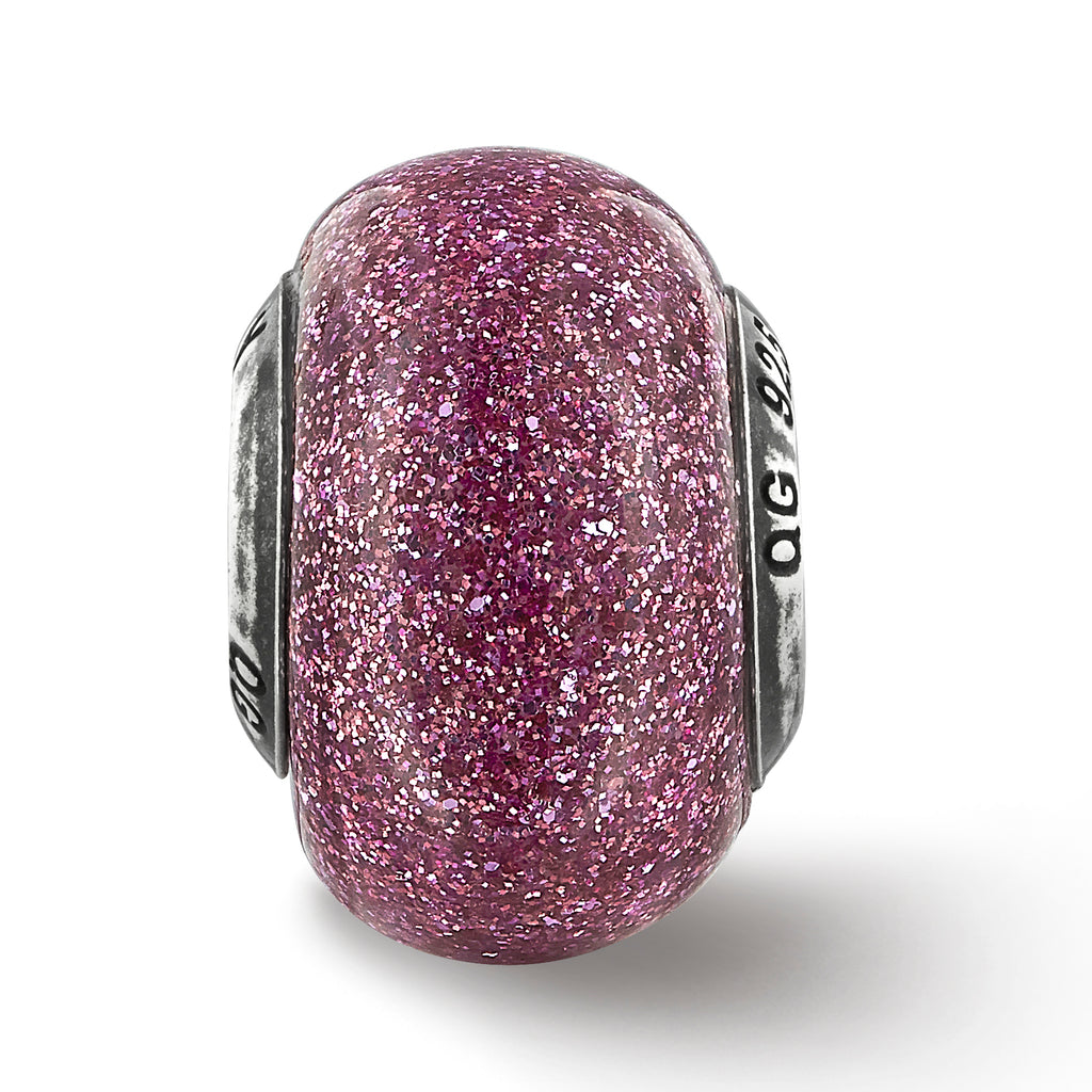 Sterling Silver Reflections Pink Glitter Italian Glass Bead