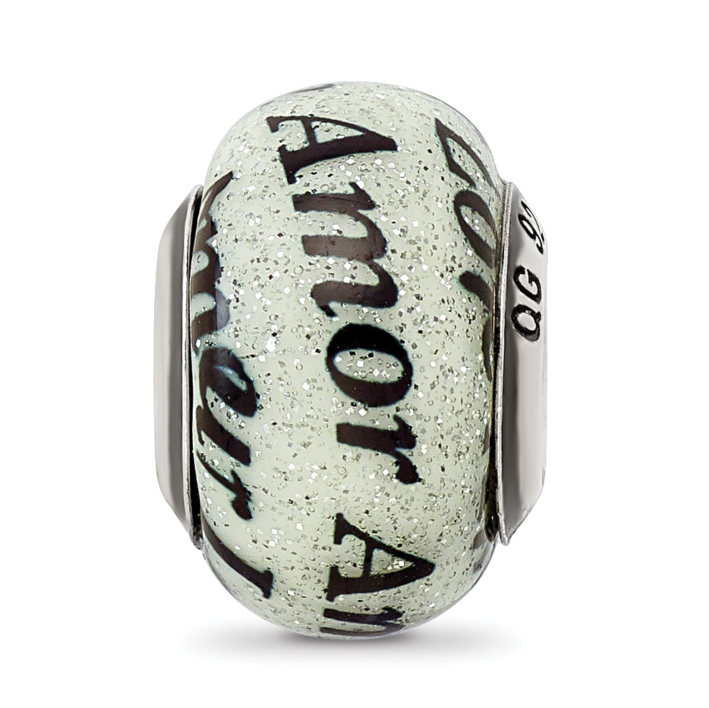 Sterling Silver Reflections Love/Amor Black & White Glitter Italian Glass