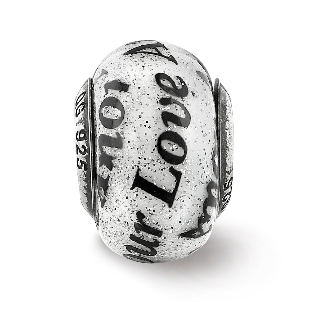 Sterling Silver Reflections Love/Amor Black & White Glitter Italian Glass