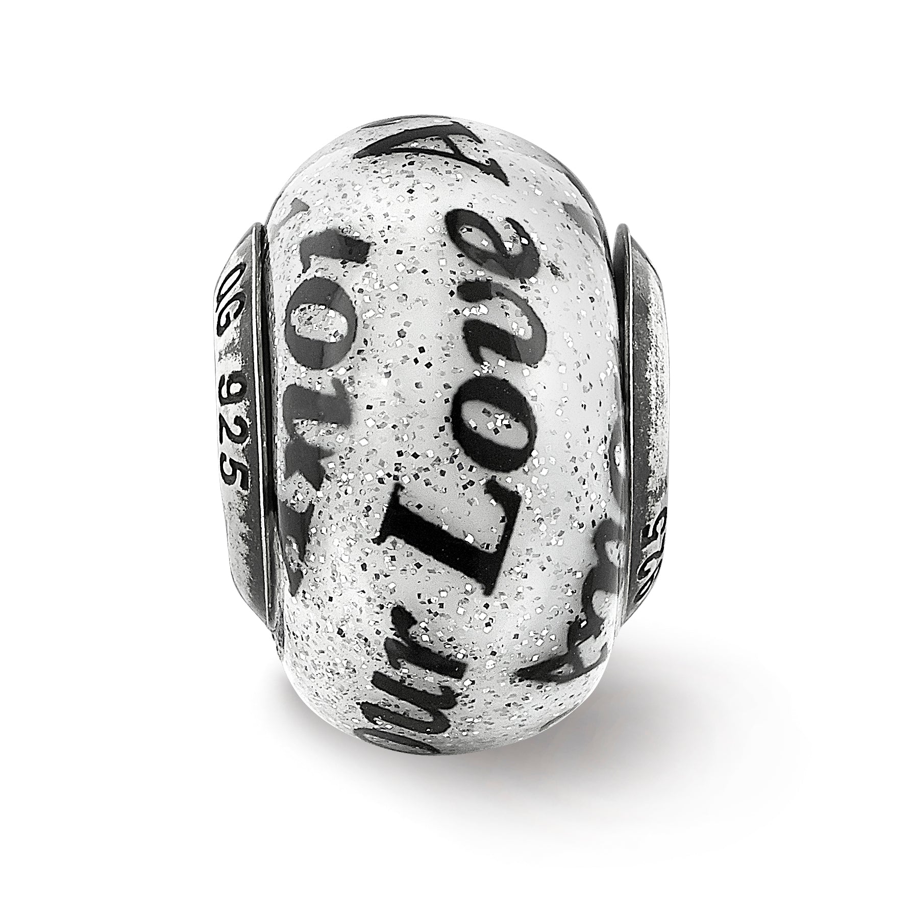 Sterling Silver Reflections Love/Amor Black & White Glitter Italian Glass