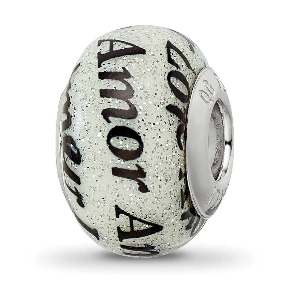 Sterling Silver Reflections Love/Amor Black & White Glitter Italian Glass Main image