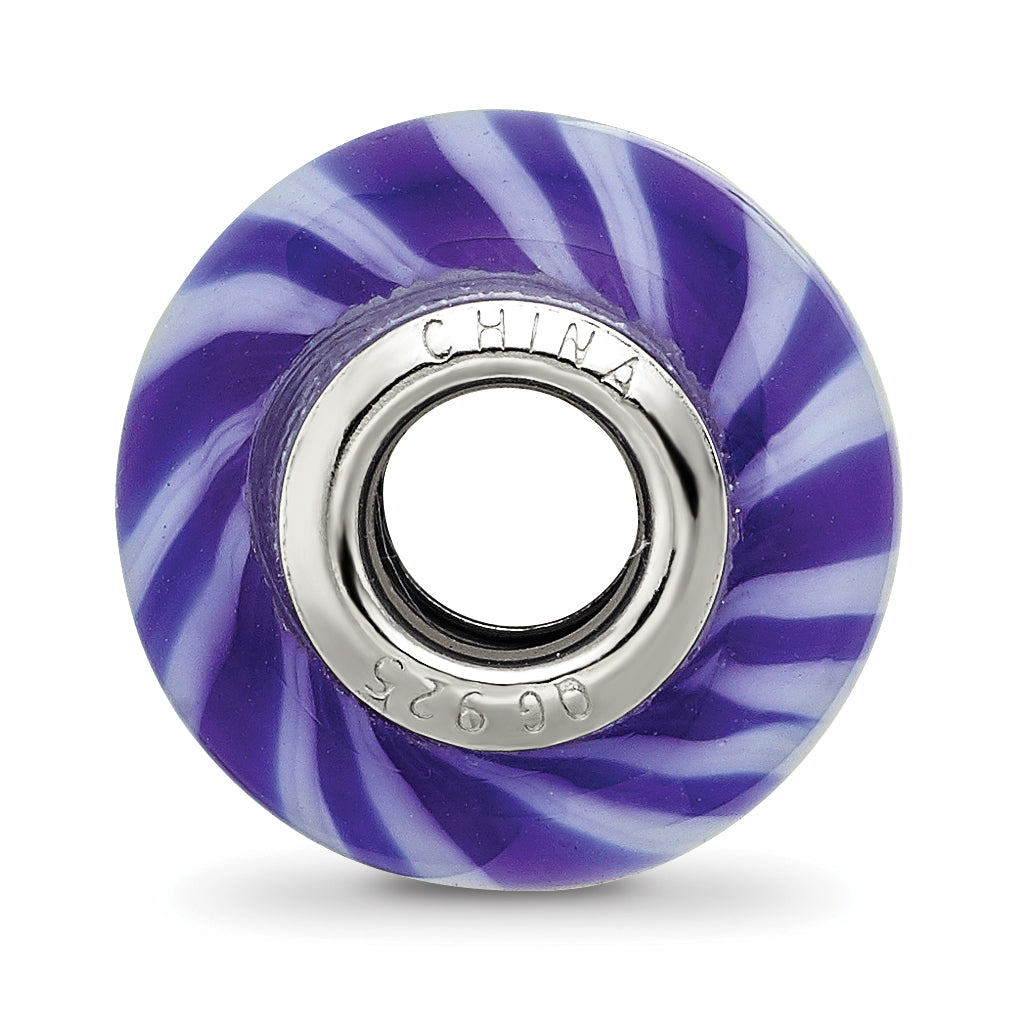 Sterling Silver Reflections Rhodium-plated Blue & White Striped Glass Bead Secondary image