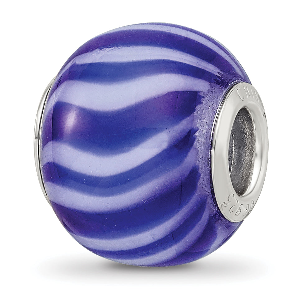 Sterling Silver Reflections Rhodium-plated Blue & White Striped Glass Bead Main image