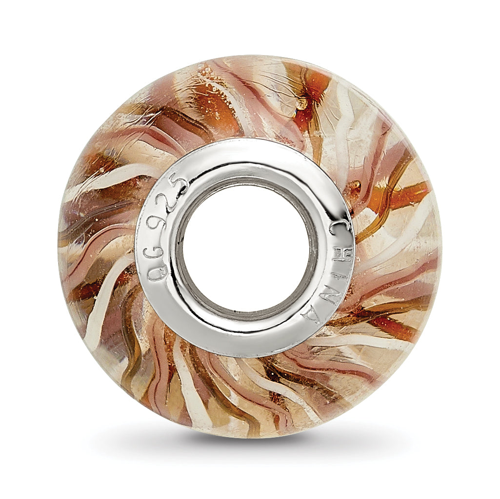 Sterling Silver Reflections Rh-plated Brown and White Striped Glass Bead Secondary image
