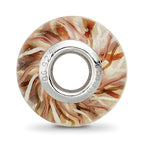 Sterling Silver Reflections Rh-plated Brown and White Striped Glass Bead
