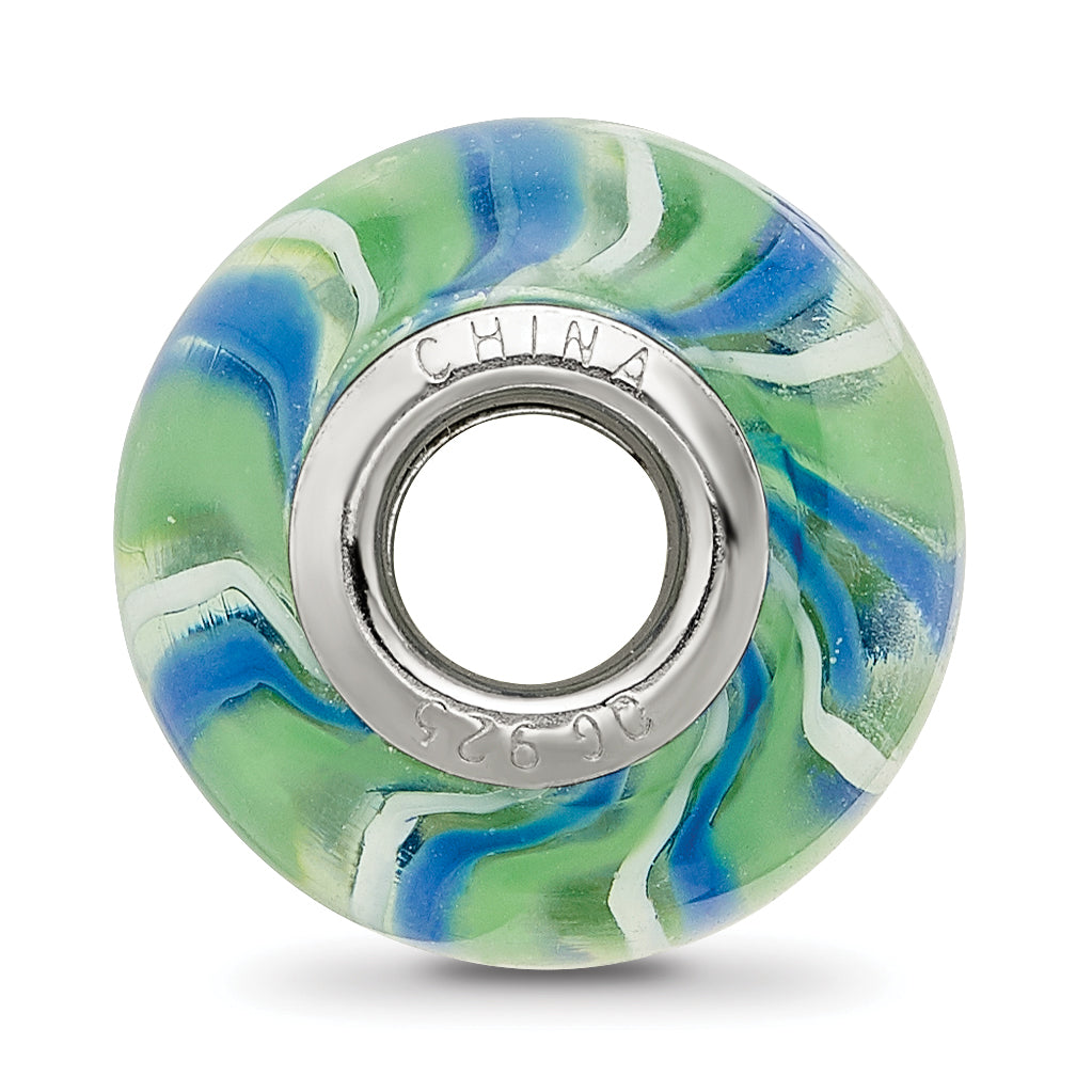 Sterling Silver Reflections Rh-plated Blue Green & White Striped Glass Bead