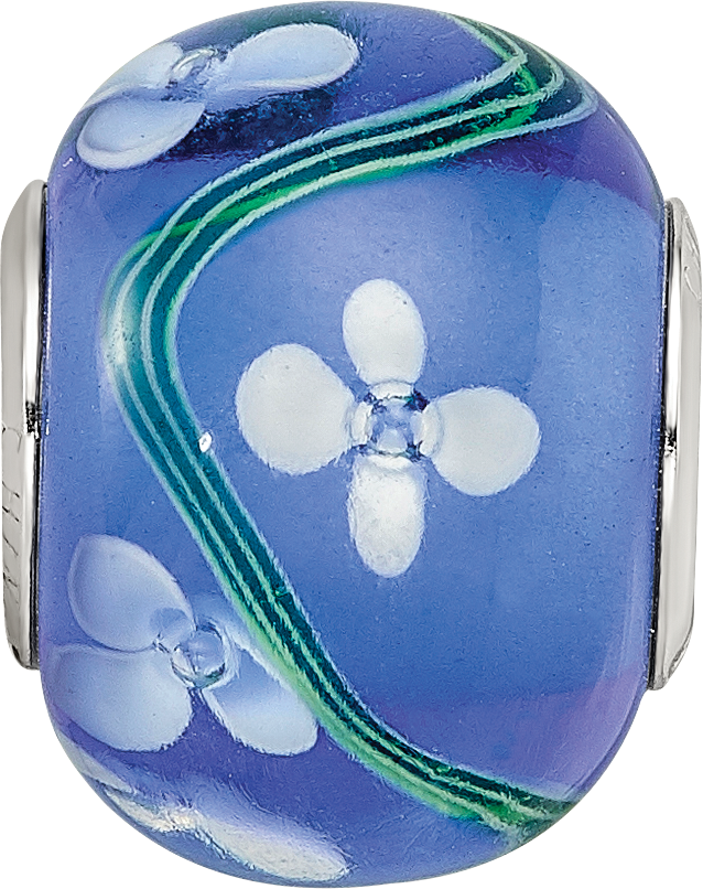Sterling Silver Reflections Rhodium-plated White Floral Blue Glass Bead