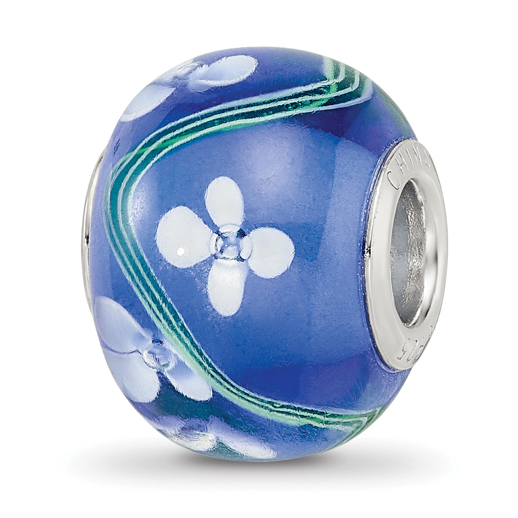 Sterling Silver Reflections Rhodium-plated White Floral Blue Glass Bead Main image