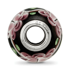 Sterling Silver Reflections Rh-plated Pink & Green Floral Black Glass Bead