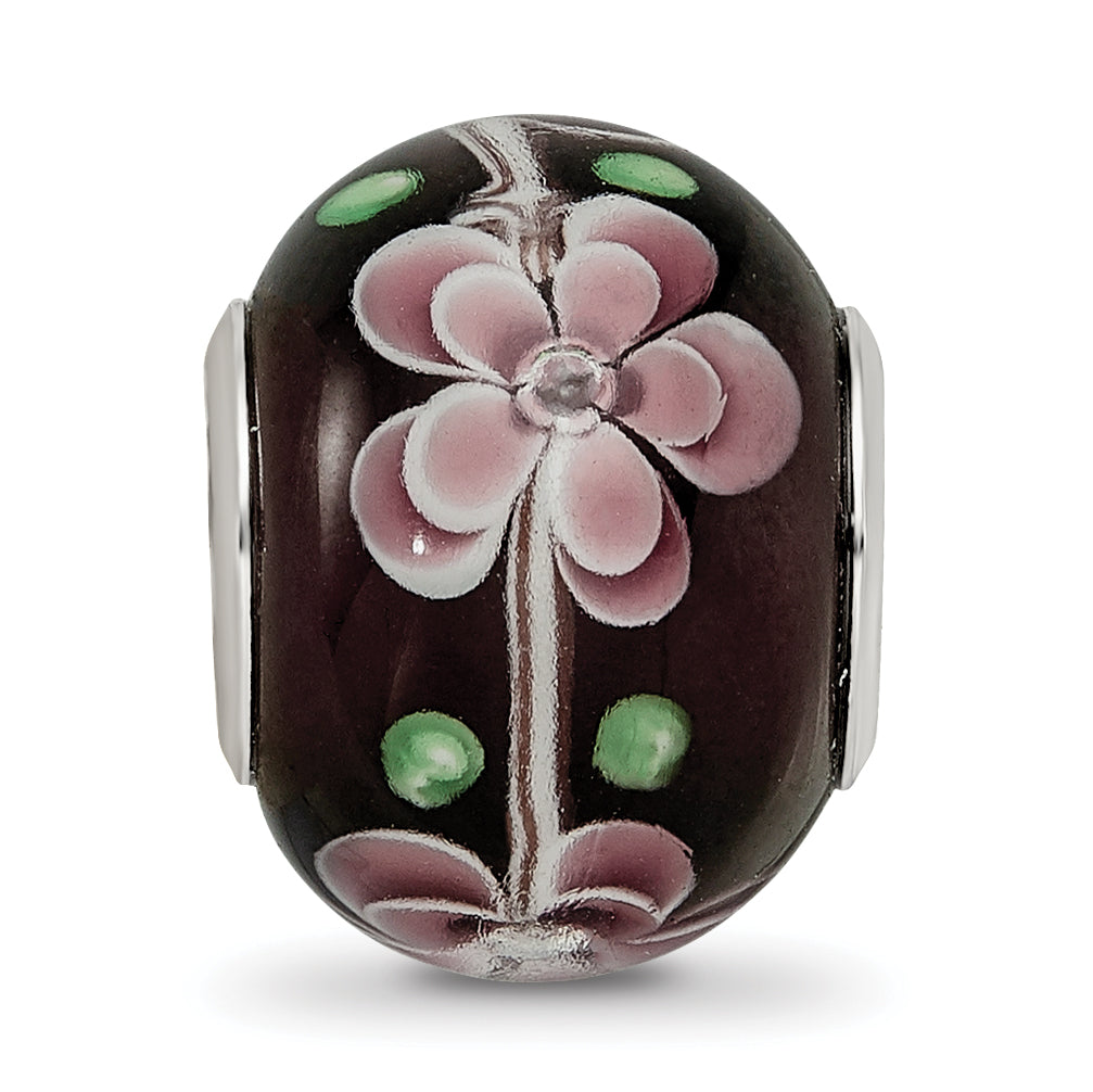 Sterling Silver Reflections Rh-plated Pink & Green Floral Black Glass Bead