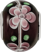 Sterling Silver Reflections Rh-plated Pink & Green Floral Black Glass Bead