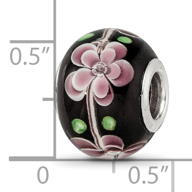 Sterling Silver Reflections Rh-plated Pink & Green Floral Black Glass Bead