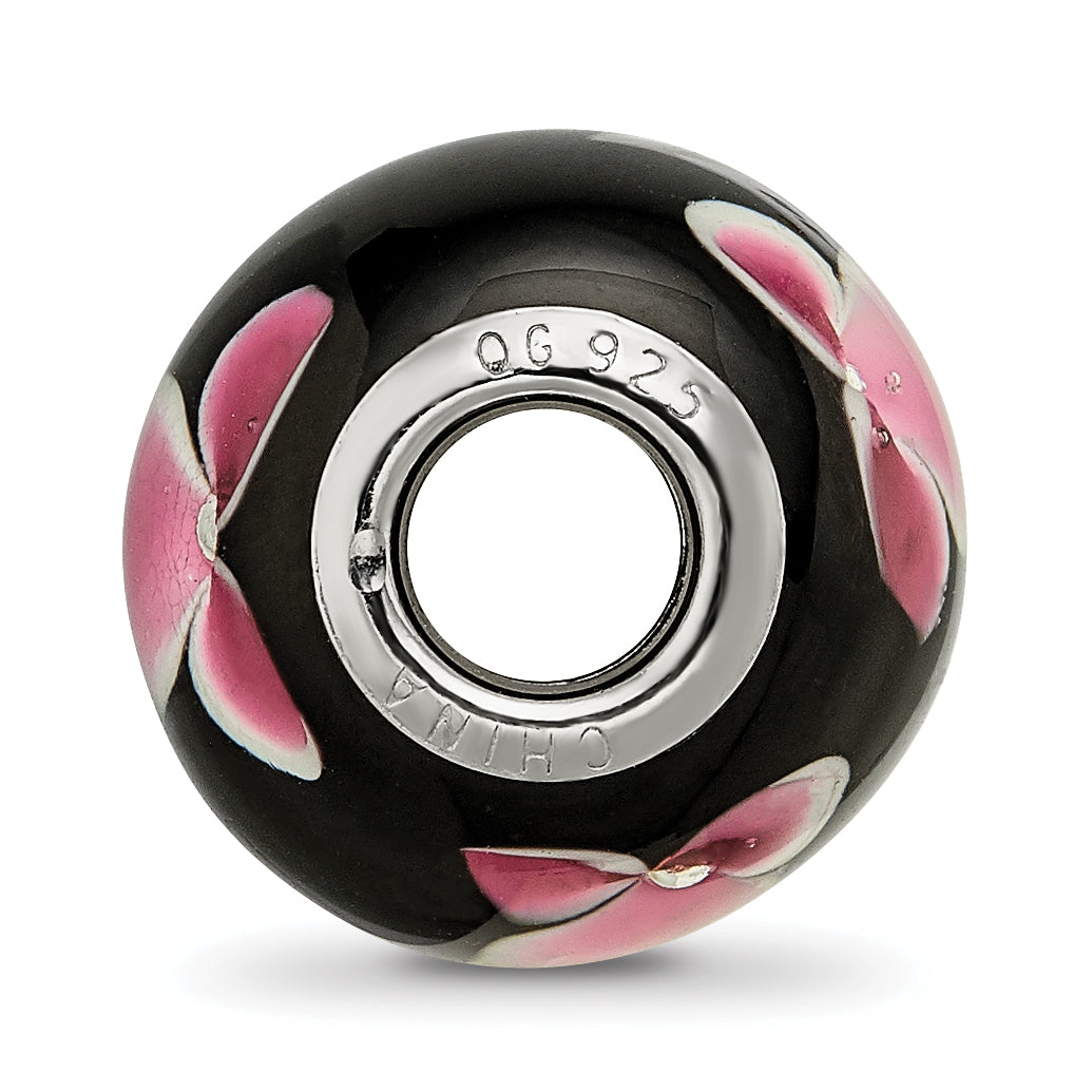 Sterling Silver Reflections Rh-plated Pink Floral Black Glass Bead Secondary image