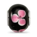 Sterling Silver Reflections Rh-plated Pink Floral Black Glass Bead