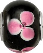 Sterling Silver Reflections Rh-plated Pink Floral Black Glass Bead