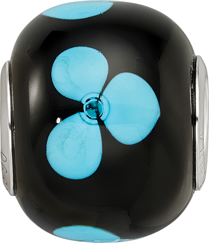 Sterling Silver Reflections Rhodium-plated Blue Floral Black Glass Bead