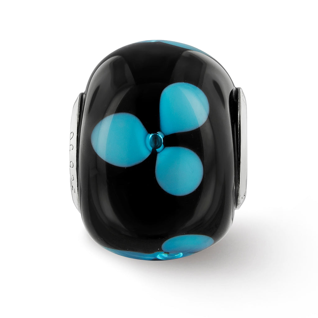 Sterling Silver Reflections Rhodium-plated Blue Floral Black Glass Bead