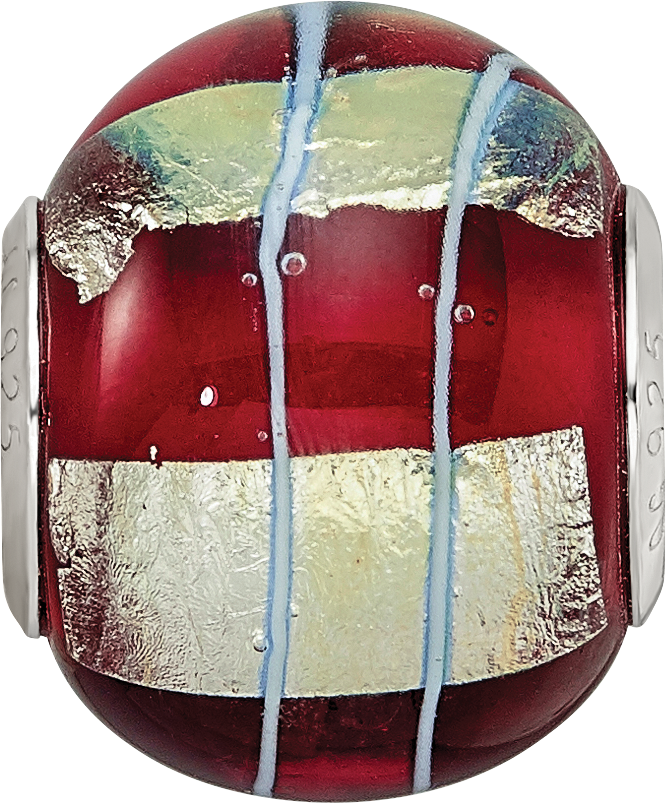 Sterling Silver Reflections Rhodium-plated Foil Striped Red Glass Bead