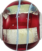Sterling Silver Reflections Rhodium-plated Foil Striped Red Glass Bead