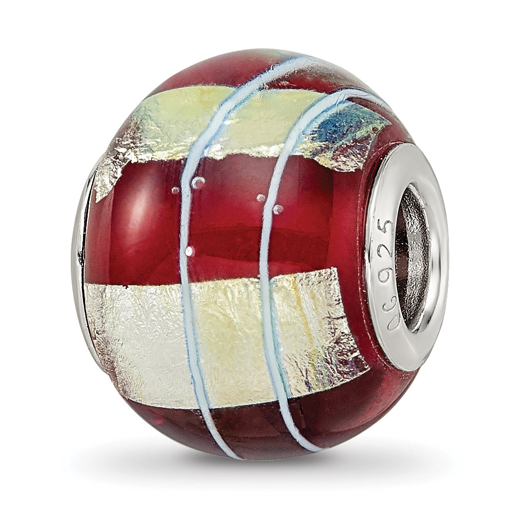 Sterling Silver Reflections Rhodium-plated Foil Striped Red Glass Bead Main image