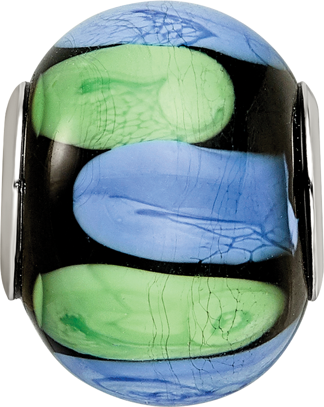 Sterling Silver Reflections Rh-plated Blue and Green Dot Black Glass Bead