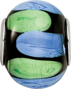 Sterling Silver Reflections Rh-plated Blue and Green Dot Black Glass Bead