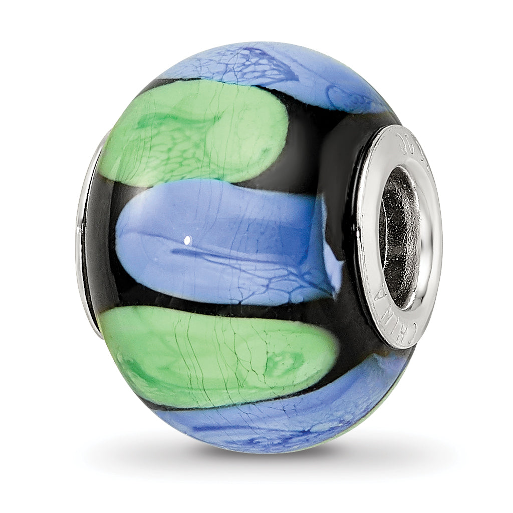 Sterling Silver Reflections Rh-plated Blue and Green Dot Black Glass Bead Main image