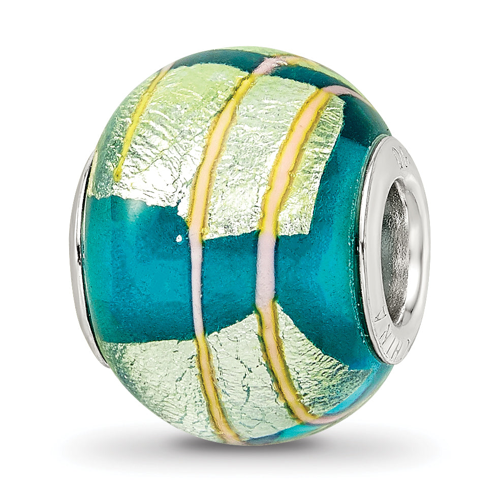 Sterling Silver Reflections Rh-plated Foil Pink Striped Blue Glass Bead Main image