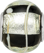 Sterling Silver Reflections rh-plated Foil White Striped Black Glass Bead