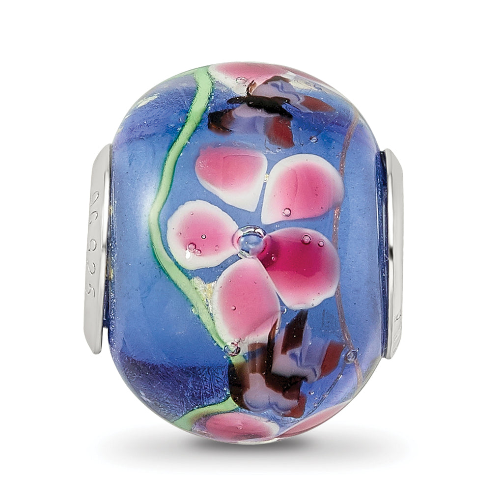 Sterling Silver Reflections Rh-plated Butterfly Pink Floral Blue Glass Bead