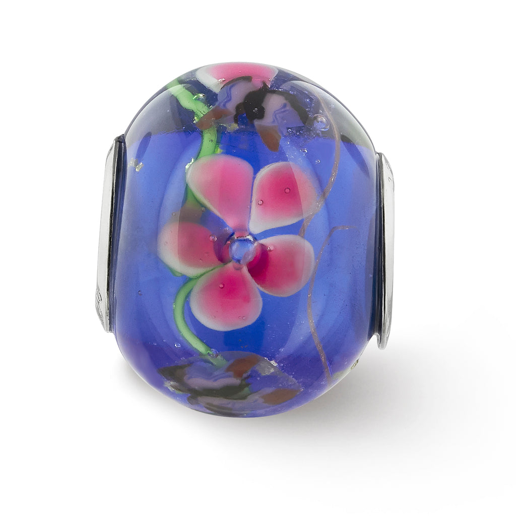 Sterling Silver Reflections Rh-plated Butterfly Pink Floral Blue Glass Bead
