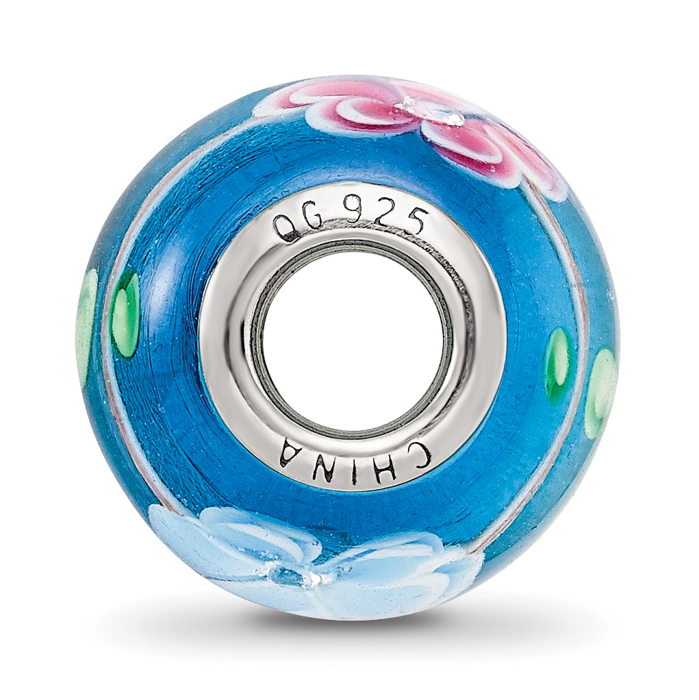 Sterling Silver Reflections rh-plated CZ Blue & Pink Floral Blue Glass Bead