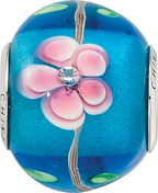 Sterling Silver Reflections rh-plated CZ Blue & Pink Floral Blue Glass Bead