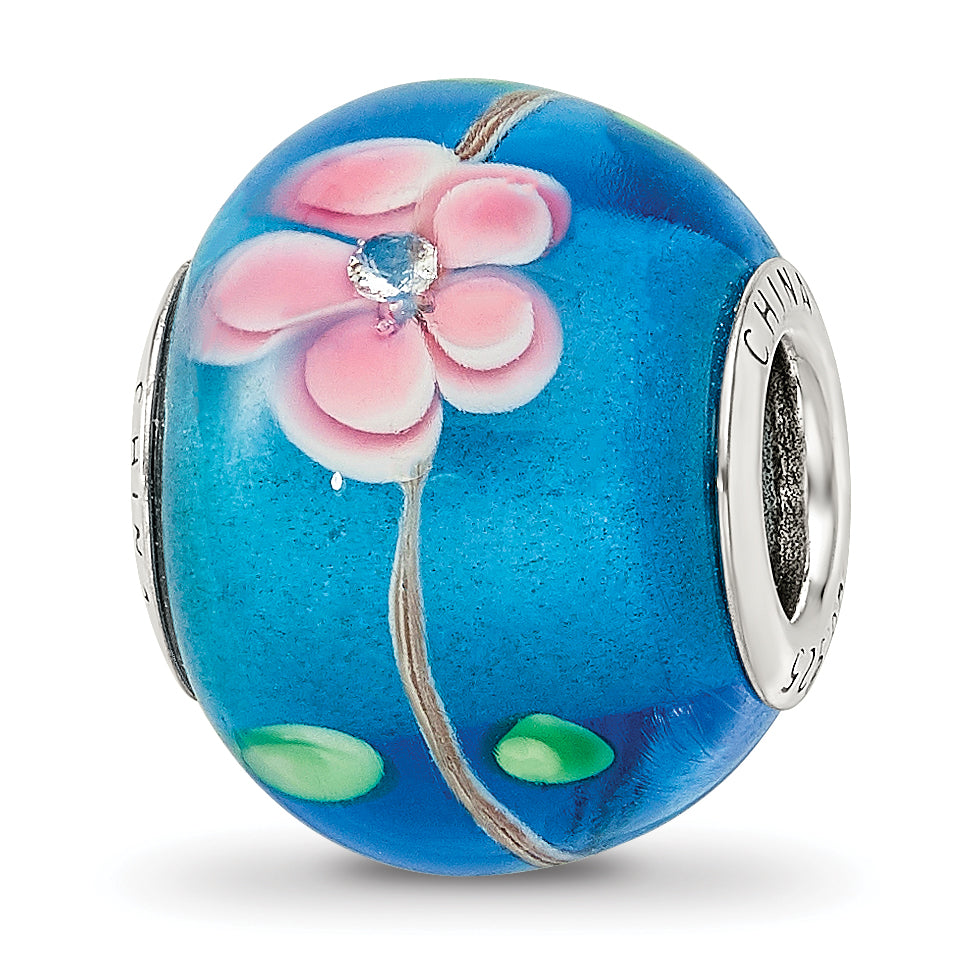 Sterling Silver Reflections rh-plated CZ Blue & Pink Floral Blue Glass Bead Main image