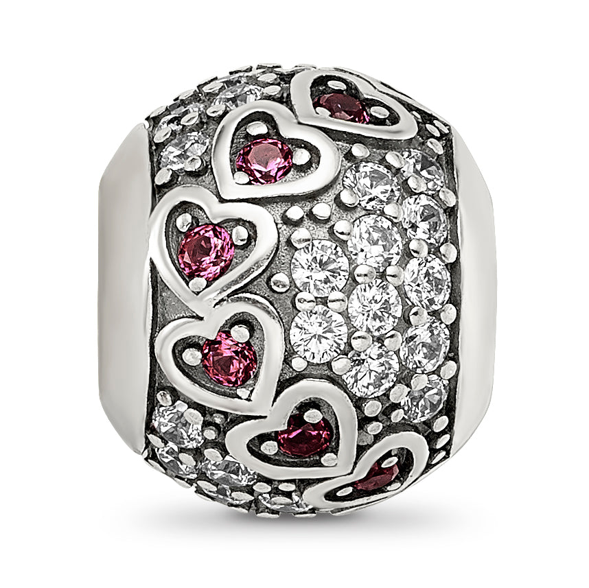 Sterling Silver Reflections Antiqued CZ & Red Corundum Hearts Bead