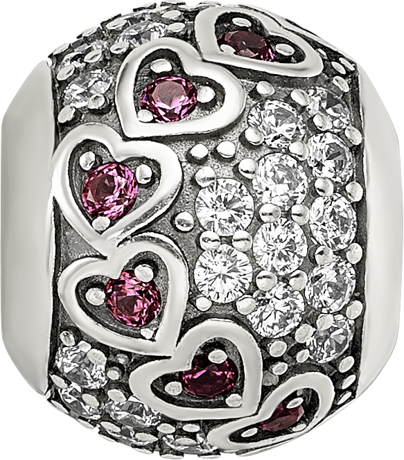 Sterling Silver Reflections Antiqued CZ & Red Corundum Hearts Bead