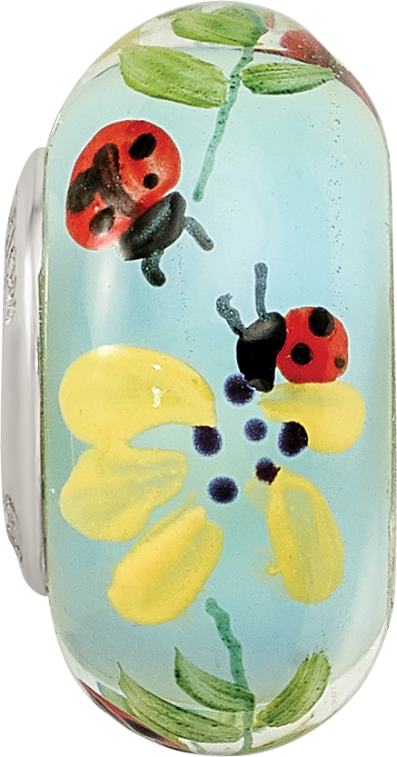 Ster.Silver Reflections Hand Painted Lady Bug Love Fenton Glass Bead